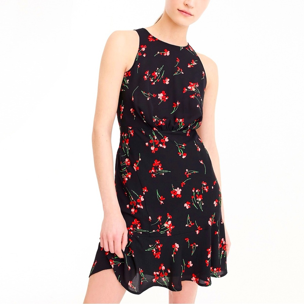 J. Crew Chiffon Floral Round Neck Sleeveless Ruched Waist Ruffle Hem Shift Dress